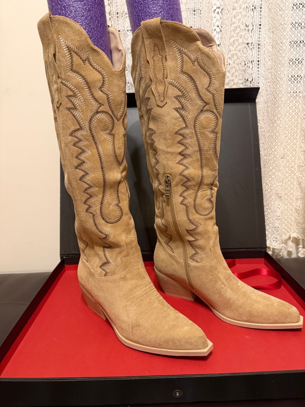 WETKISS Women's Tan Faux Suede Knee-High Western Heeled Boots